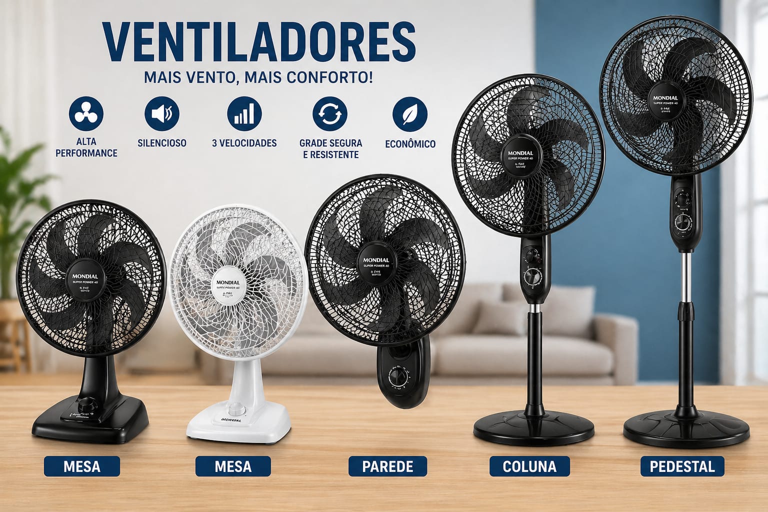 Ventiladores Mondial — mesa, parede, coluna e pedestal